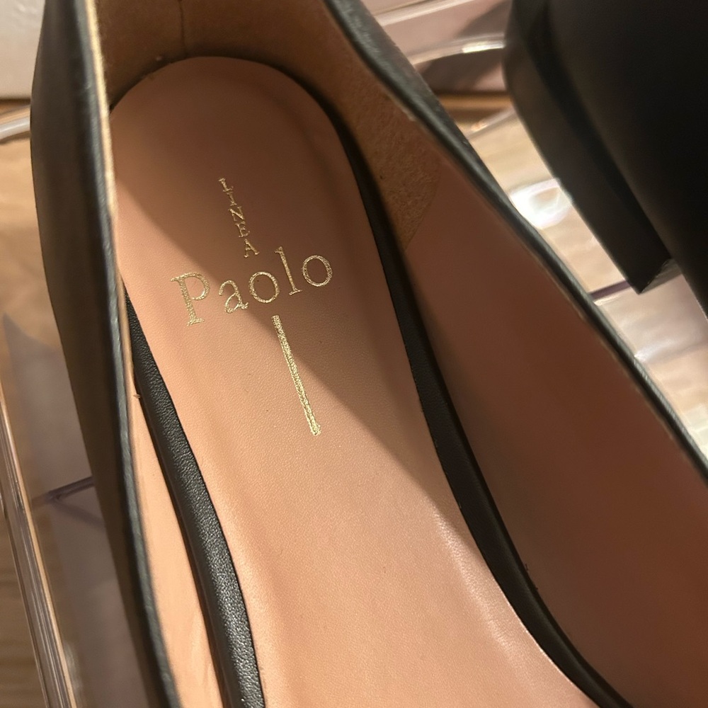 EUC Linea Paolo Christa Slingback Flat In Black round toe loafer gold chain 8 - Picture 5 of 5